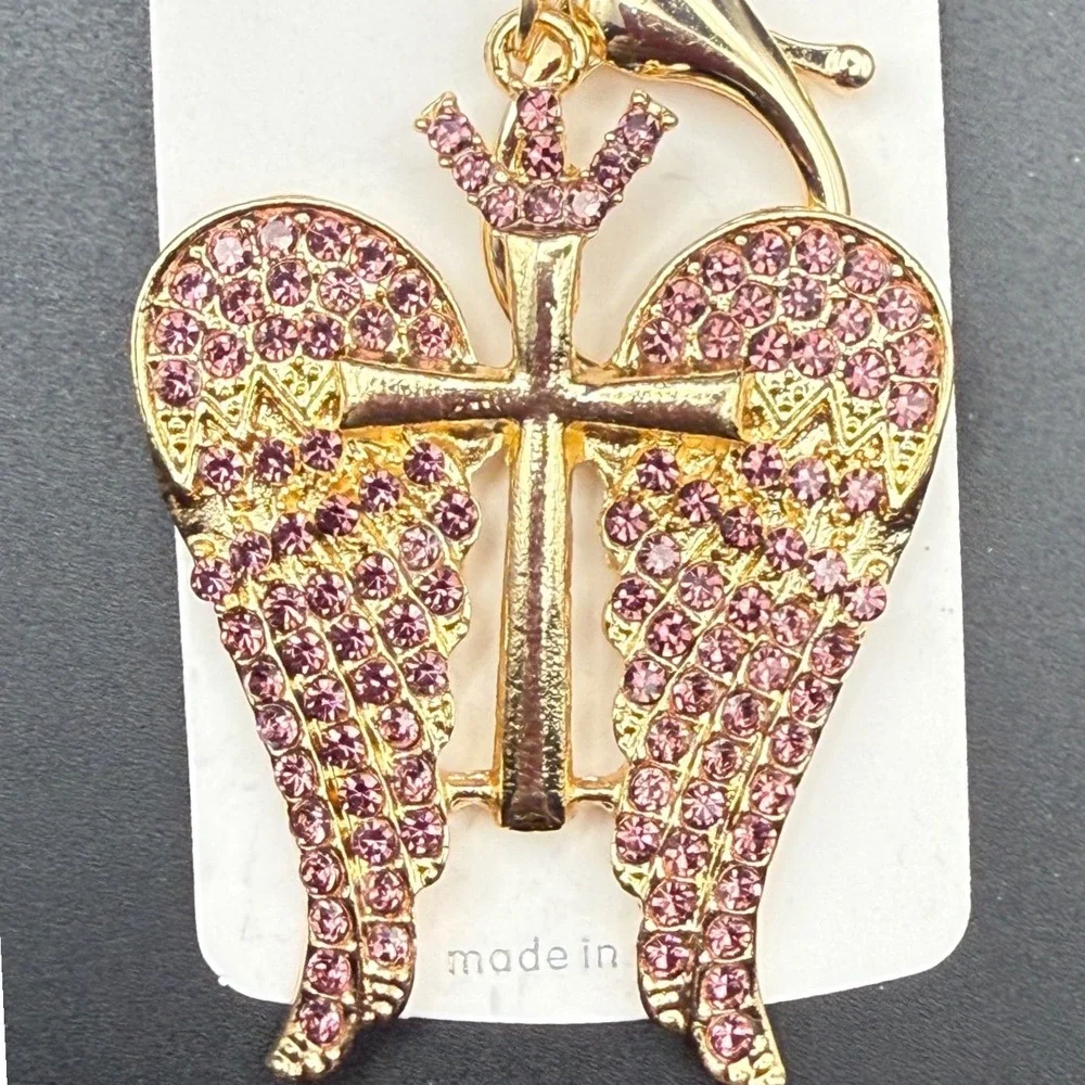 Gold Angel Wings Cross Crown‎ Keychain Pink Rhinestones Mint Brand New Charm